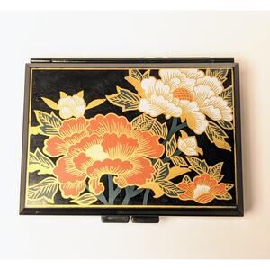 Vtg Travel Floral Tissue Box 4.5x3.5" Mirror Black Gold Packable 80s Compact MCM